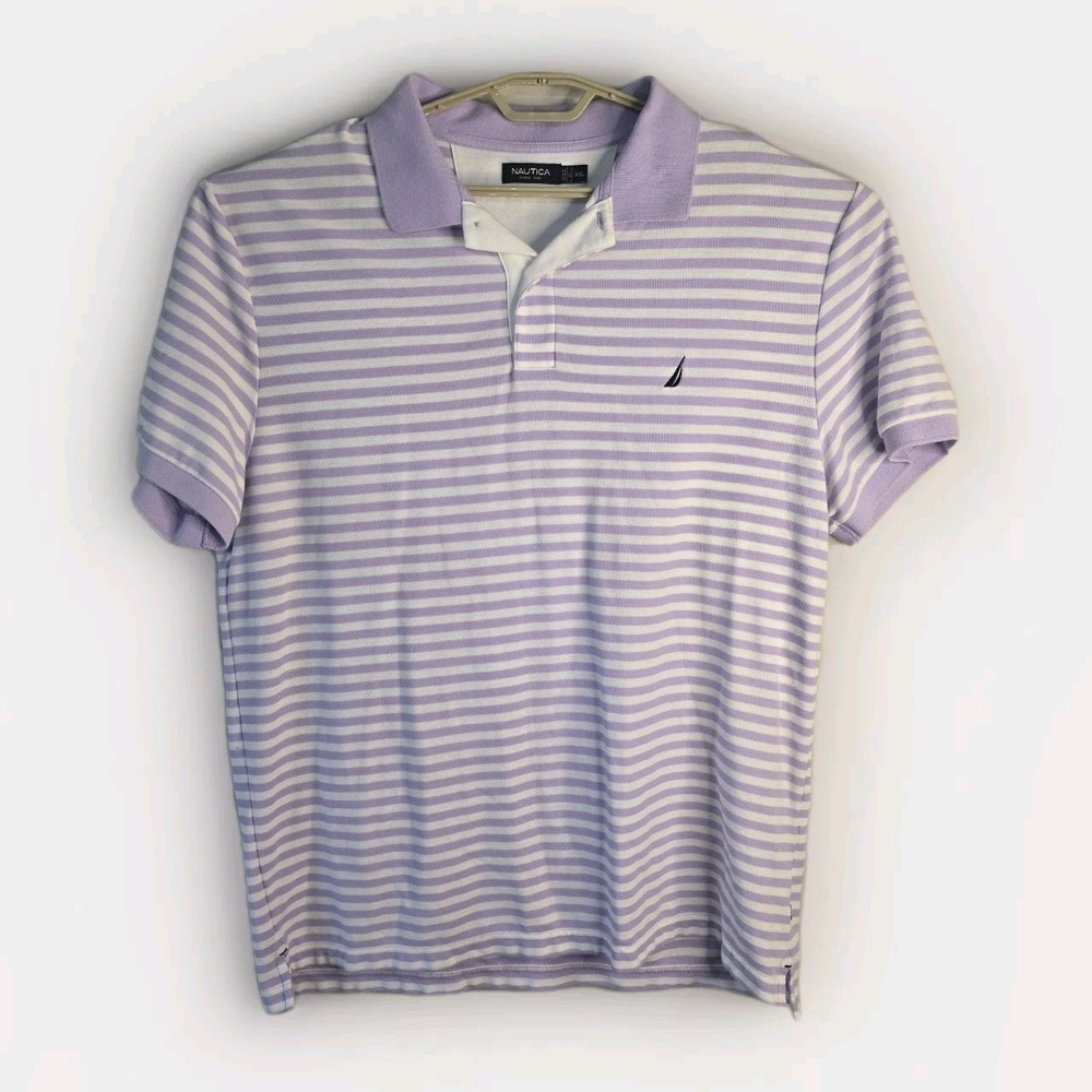 Nautica Mens 2XL Short Sleeve Polo Shirt Purple White Striped, Classicore, Y2K